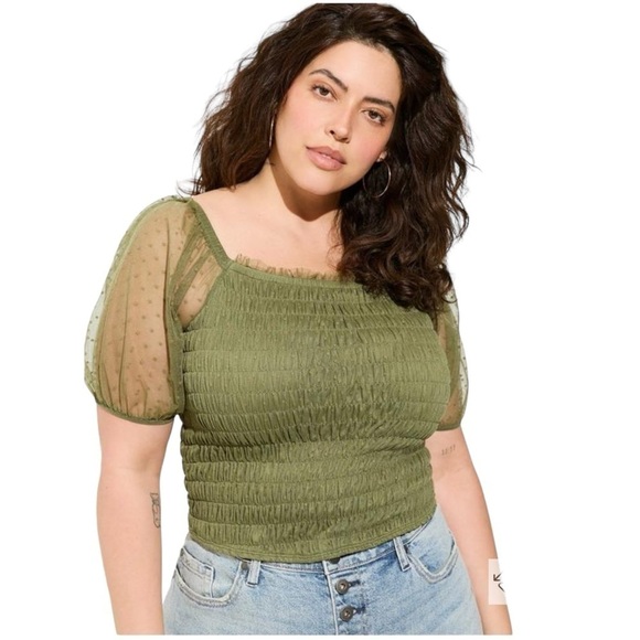 NWT Women’s Plus Torrid Olive Green Dot Mesh Square Neck Crop Top Size 5X | 3072 - Picture 1 of 11